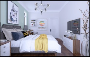 主卧床头背景墙使用小猫挂画，提取自然及生活中的美学元素，简约精致，使卧室舒适而简约。