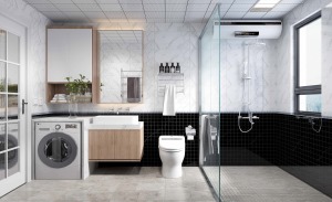 卫生间地面砖则选用比较温馨的暖色调，再搭配上精心挑选的浴室柜和舒适的马桶，增加了居家生活。