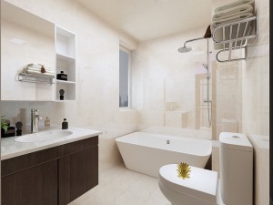 卫生间营造一种温馨的感觉，采用的是暖色系的砖，搭配的浴室柜是深色木纹，增显层次感。