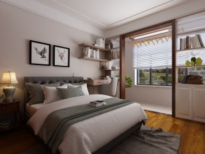 卧室用极简的线条与淡雅的纯色相搭配，搭配上小挂画，书架的设计，表现了含蓄但不单调的生活氛围。