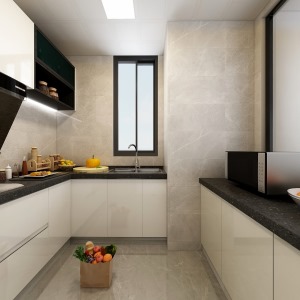 厨房采用L型的设计，拐角处这边增加了一排地柜，储物空间更大，UV板的光泽让厨房显得时尚了许多。