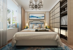 卧采用木线条搭配上乳胶漆，让空间背景与挂画和谐，暖色系的点缀，让空间又增添一抹温馨之意。