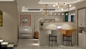客餐厅相通透的空间，电视背景墙采用和吧台形式相结合，既满足划分空间的作用，又有互通之意的延伸感