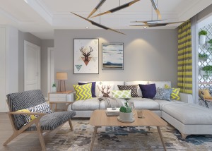 沙发背景墙采用灰色调，搭配一些画框组合会充满平面设计感，再一个就是沙发抱枕的撞色设计也增加了视觉感。
