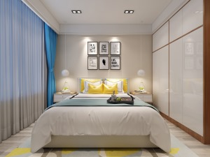 卧室是休息的场所，在空间中增加了一些黄色调，这样显得房间温馨，明亮。
