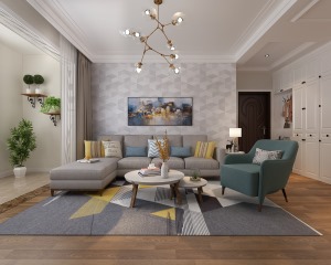 沙发背景墙采用壁纸的设计，整个空间色调明亮，利用抱枕，地毯做一些撞色处理，使空间显得温暖