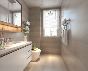 卫生间这块采用暖色调，规划好每个区域的动线，浴室柜采用储物空间多的设计，整体显得空间干净。