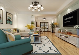 客厅选用了清新一些的浅色木纹地板，不至于整个空间太过于沉闷，在家具搭配上采用深蓝色来体现风格特点。