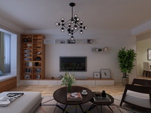 客厅电视柜没有采用成品的设计方案，而是利用定制家具，更好的增加了储物空间。