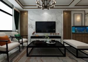 客厅影视墙展现了中式里的对称美，通过木质隔断和艺术玻璃结合的造型相互对称