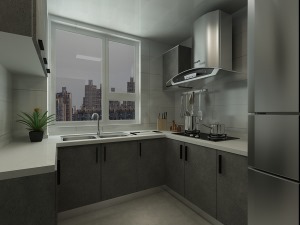 厨房以灰白色系为主，干净的墙砖，U字形的厨房增加厨房的储物功能，充分利用空间，避免空间浪费。