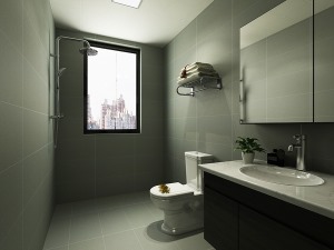 卫生间延续黑白灰色调，浴室柜是深色木纹，颜色层次分明，空间更有质感，浴室柜选用带镜柜的，增大收纳。