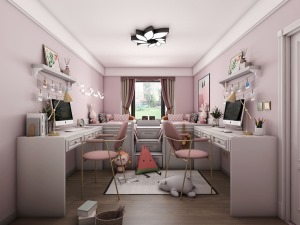 业主家两个女儿，所以设计了几乎两个同样的储物和空间，粉色调也体现了孩子的年龄阶段，活泼开朗。