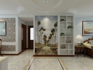入户门厅油画，旁边柜子的设计增加了储物空间，顶面圆形造型设计及地面方形串边，让空间富有美感。