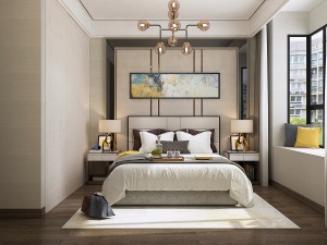 卧室采用了欧松板打底，软包加镜面设计，使空间端庄典雅。
