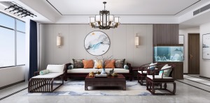 沙发背景墙的设计简单，采用中式的简灯对称，搭配上圆形的挂画搭配，表现了新中式的特色。