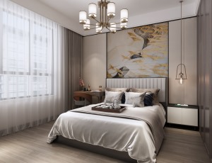 卧室床头背景采用了中式对称的元素，床头的小吊灯增加了现代感，显得温馨。