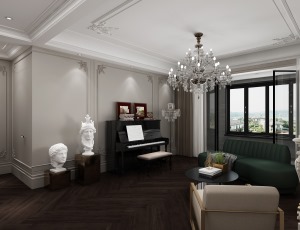 客厅墙面留白，做了简单的造型，使得整个空间显得非常优雅。放置的钢琴增加了娱乐的生活。