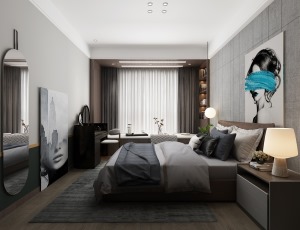 卧室以灰色调为主，显得房间静谧，是休息的好场所。