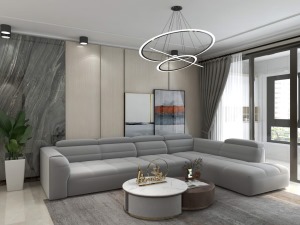 客厅沙发背景墙采用的设计比较简单，线条的装饰和挂画的造型结合灰色调让空间显得干净，大方