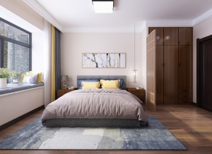 卧室空间比较大，墙面采用暖黄色调搭配木地板，显得整个房间温馨、明亮。飘窗位置的设计方便放置一些小物品