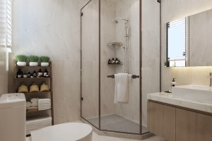 卫生间浴室柜的话建议选择台下盆方便实用。淋浴房的设计洗澡的时候水也不会碰到别的位置，整体也提升了质感
