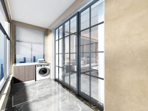 阳台采用的是玻璃门的推拉设计。在外面设计的洗衣机，旁边储物柜子的设计增加了实用性。