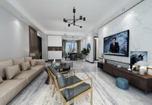 客厅纯洁明亮的挂画与高级灰形成了强烈的对比，线条的运用为内敛肃静的空间增添了更多现代气息。