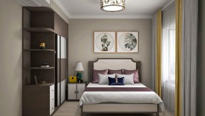 卧室是休息的场所，造型不多，简单的挂画搭配上旁边的深色衣柜，让房间显得干净。