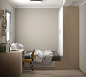 次臥：這個房間做的是一個榻榻米的設計，增大了儲物的空間，同時也是可以做一個休息的場所。