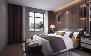 卧室背景墙采用的是木饰板用两个柱形的壁灯作为点缀，即实用又好看。