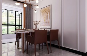 餐厅空间墙面造型采用了石膏线条的设计，和客厅的造型做了呼应。以装饰画最为点缀，在家具选择上面采用了皮