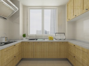 U字形櫥柜增加了廚房的收納功能，櫥柜精簡的造型都代表主人的生活態度，淺色墻磚與原木色的搭配，干凈、整