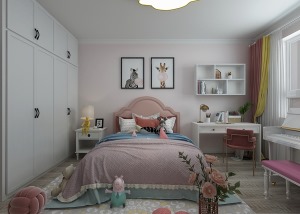 公举房浅粉色的墙面，床品没有都选用粉色，粉色和蓝色搭配，为粉嫩的空间增加一点小清新，儿童房多采用的跳