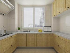 U字形櫥柜增加了廚房的收納功能，櫥柜精簡的造型都代表主人的生活態度，淺色墻磚與原木色的搭配，干凈、整
