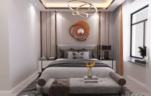 卧室作为休息的空间，舒适度为首要考虑，简洁大气，床头背景墙用波浪护墙板设计的造型，使空间更加的柔和。