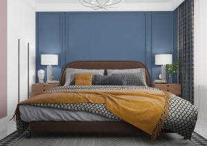 主卧室床头背景墙使用了灰蓝色的设计，增加了石膏线条使空间更加的灵动。咖色的布艺窗体是空间更加的柔和。