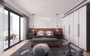 卧室作为休息的空间，舒适度为首要考虑，简洁大气，没有做繁杂的造型，棕色皮质的床、灰色的木地板搭配拼
