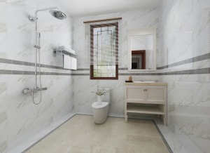 用玻璃隔断，将卫生间的空间进行功能性的划分，墙面用瓷砖拼铺的方式，让空间简洁又不单调。