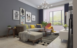 客厅并在考虑风格的同时，在整体空间上选用偏偏冷色调，地面选用暖黄色瓷砖，搭配灰色墙面，完美中和了整体