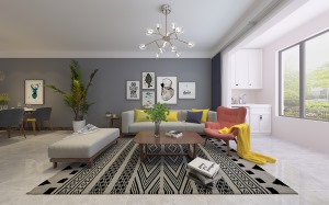 客厅并在考虑风格的同时，在整体空间上选用偏偏冷色调，地面选用暖黄色瓷砖，搭配灰色墙面，完美中和了整体