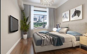 卧室是作为休息的空间，根据客户的卧室整体色调选用浅咖色，搭配白色衣柜和木纹色柜体，加上灰色窗帘，使整