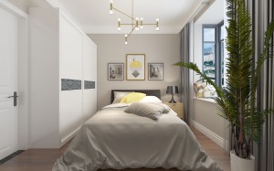 卧室是作为休息的空间，根据客户的卧室整体色调选用浅咖色，搭配白色衣柜和木纹色柜体，加上灰色窗帘，使整