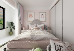 南次卧：与阳台紧邻，这一区域我们选用了粉色系作为墙面和窗帘。灰色的床和粉色系的抱枕则作为另一色调。