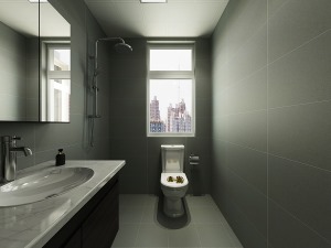 卫生间墙面采用灰色哑光墙面砖，搭配深色木纹浴室柜，整体空间采用灰色系，比较显档次。