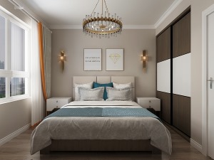 卧室也是简单做了圈石膏线，没有做的很复杂，墙面暖色的乳胶漆，整体感觉更温馨一些。
