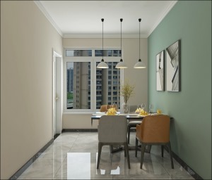 餐厅在颜色上与客厅统一色调，也采用了抹茶绿乳胶漆，搭配颜色明度较高的餐椅，整体给人明亮舒适的感觉