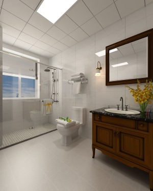 卫生间面积挺大，白色淡纹墙砖使卫生间更加明亮，不显压抑，同时在功能设计上也满足更多的利用空间
