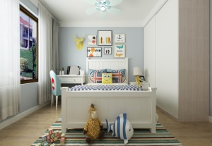 儿童房背景以低色度的蓝色作为背景色，使空间不显冷淡，在挂画的搭配下，让空间尽显一丝暖意