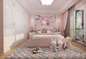 二楼女孩房孩子喜爱粉色，在整体空间的色彩上大面积的粉色，加上喜爱的动物角色。让其成为自己所喜爱的空间